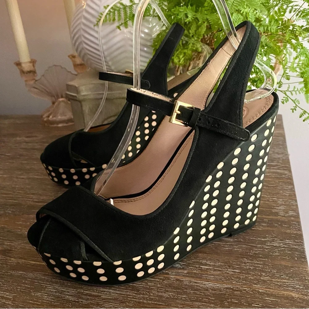 Tory Burch Ollie Black Suede Platform Wedge Slingback Heel Sandals Womens 8 M‎